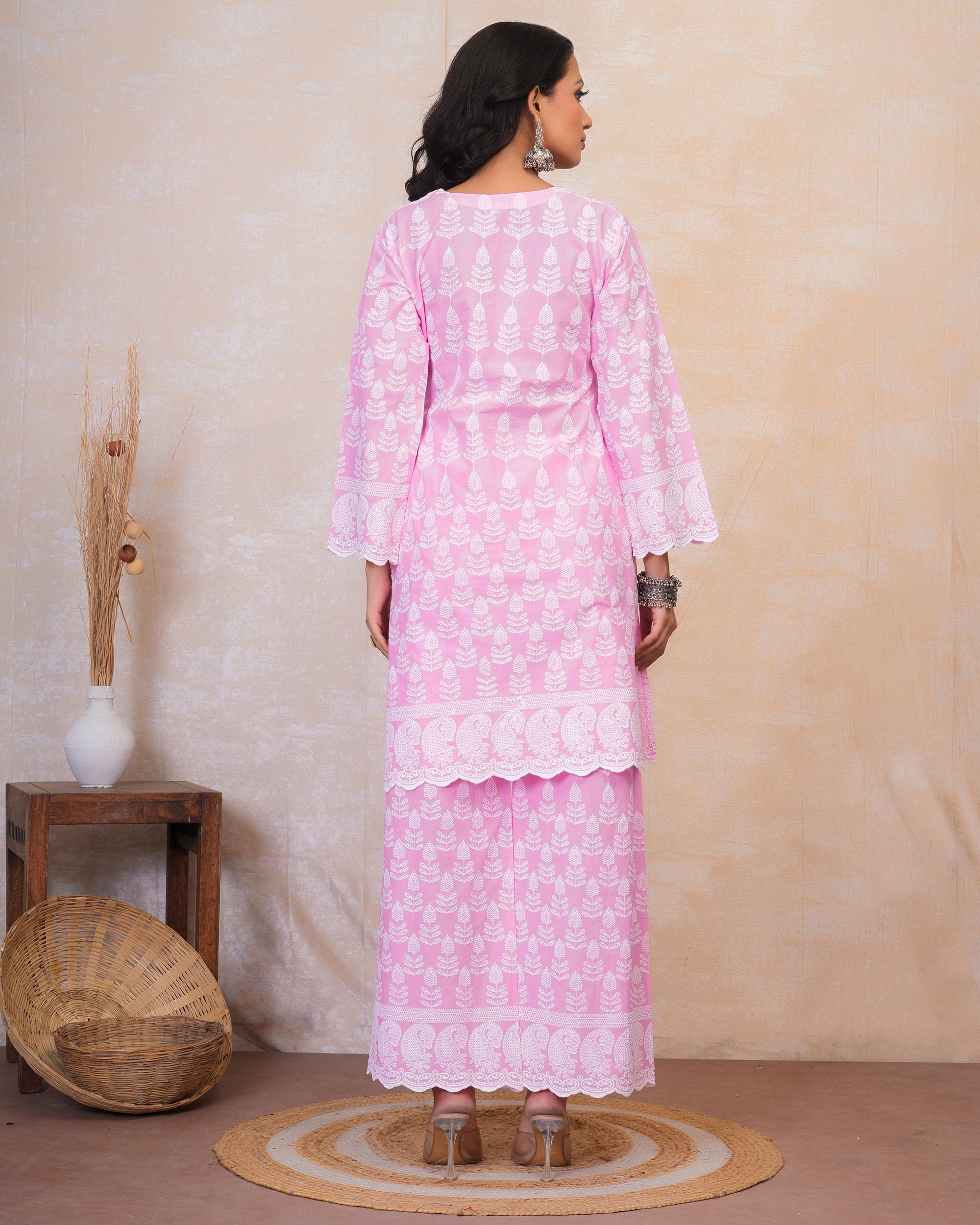 Chikankari Kurta Set in Rayon Cotton - Pink