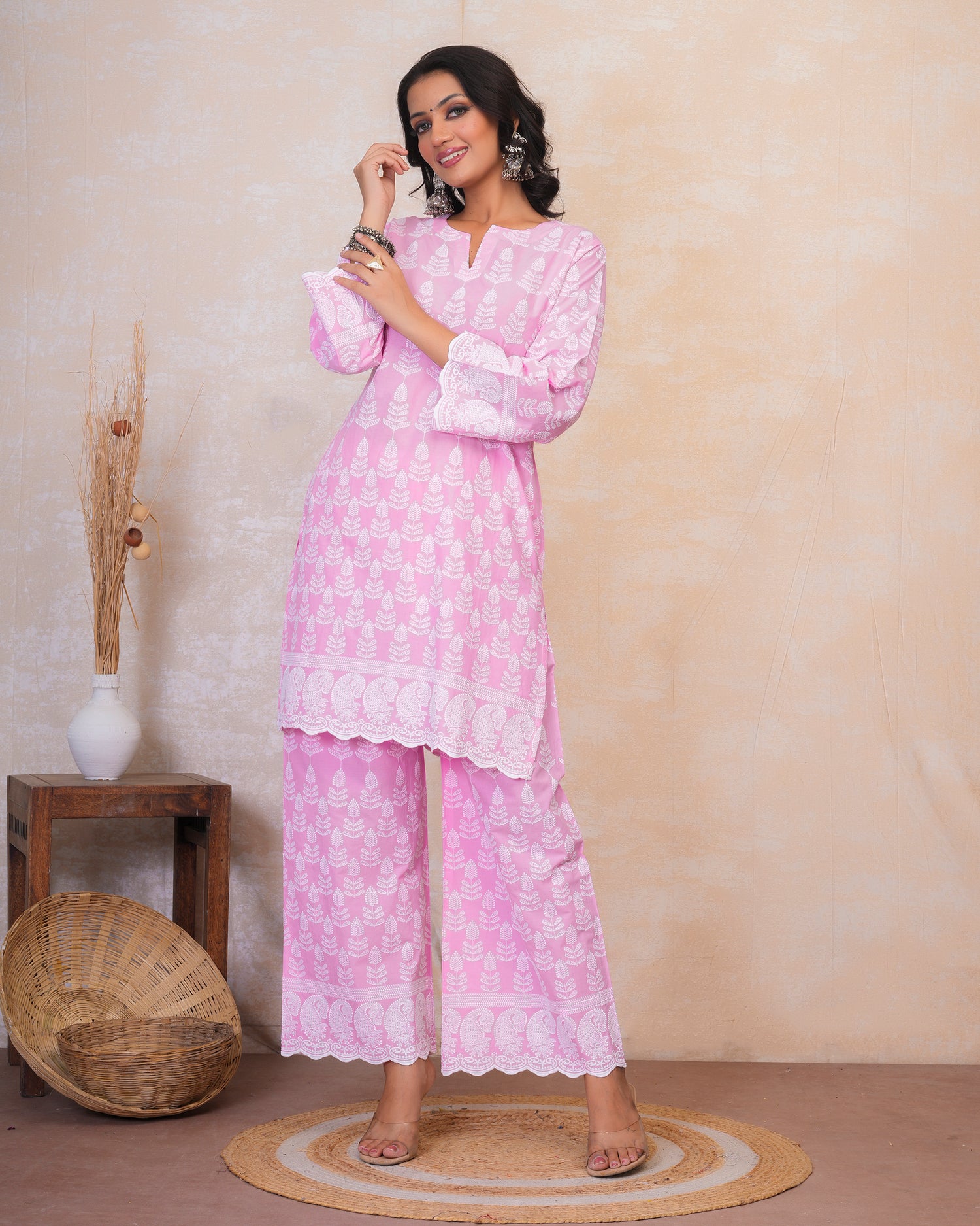 Chikankari Kurta Set in Rayon Cotton - Pink