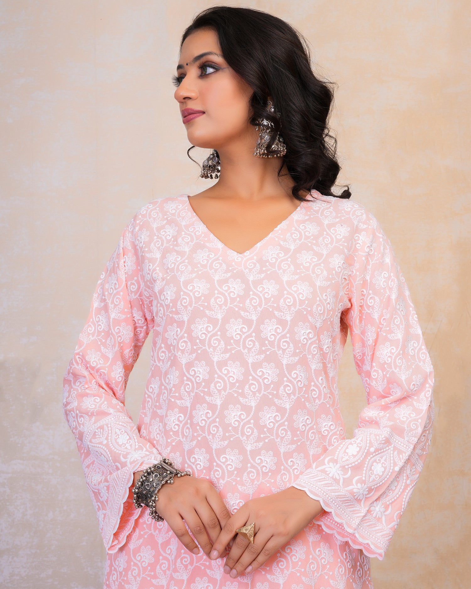 Chikankari Kurta Set in Rayon Cotton - Light Pink