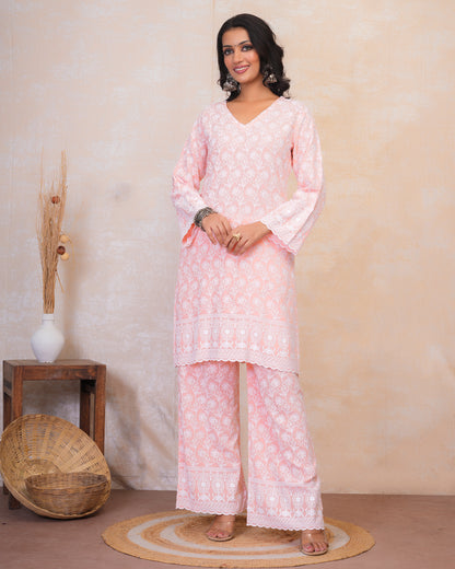 Chikankari Kurta Set in Rayon Cotton - Light Pink