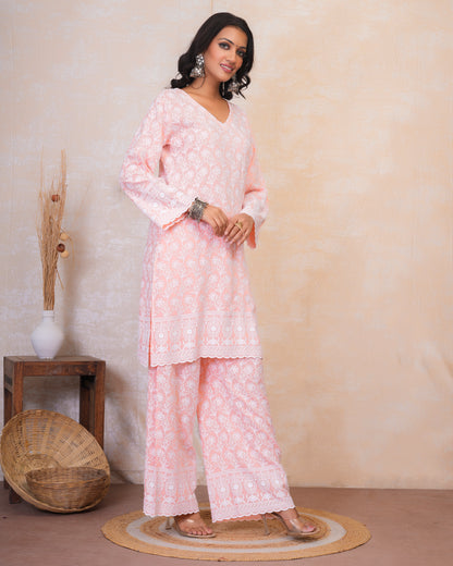 Chikankari Kurta Set in Rayon Cotton - Light Pink