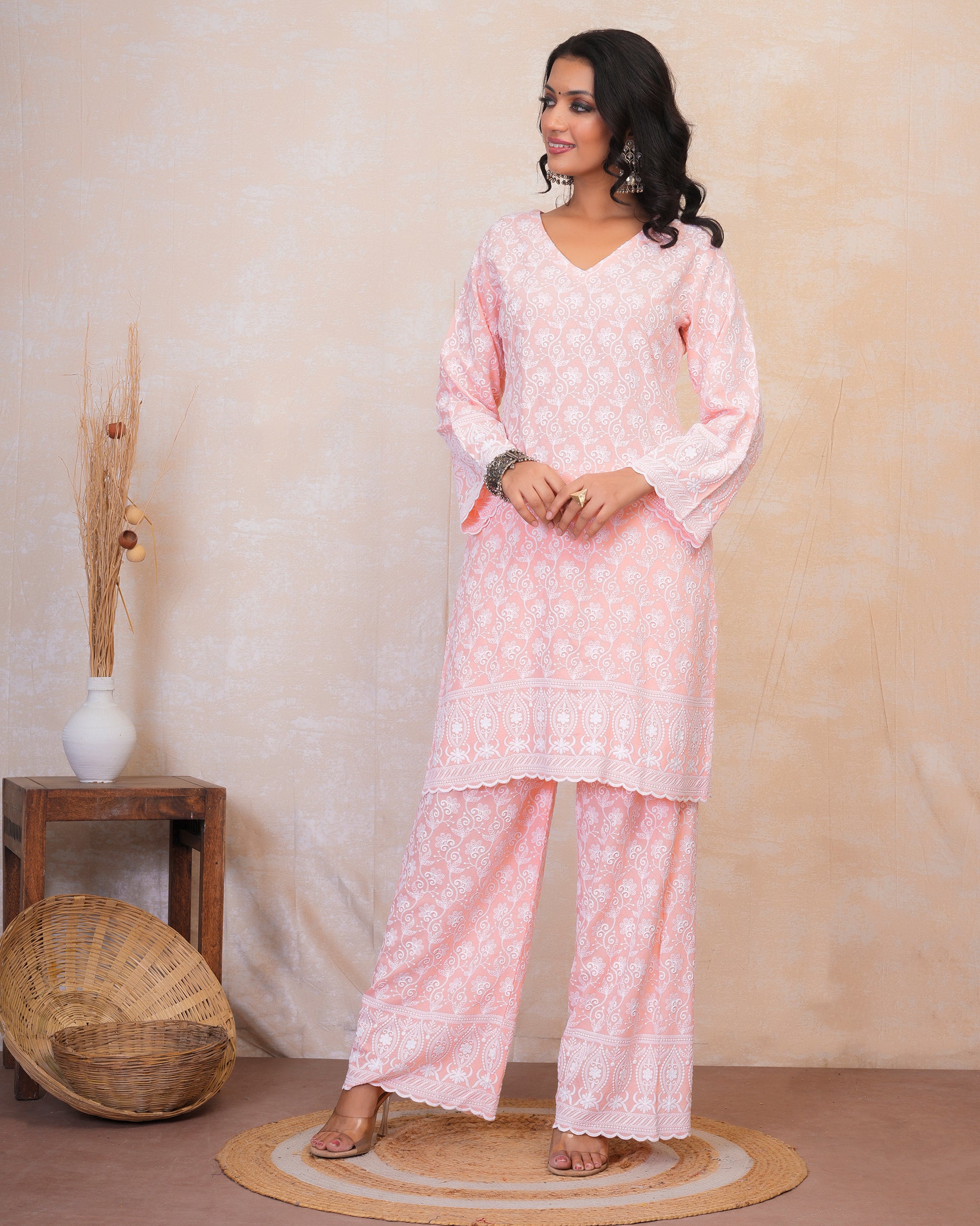 Chikankari Kurta Set in Rayon Cotton - Light Pink