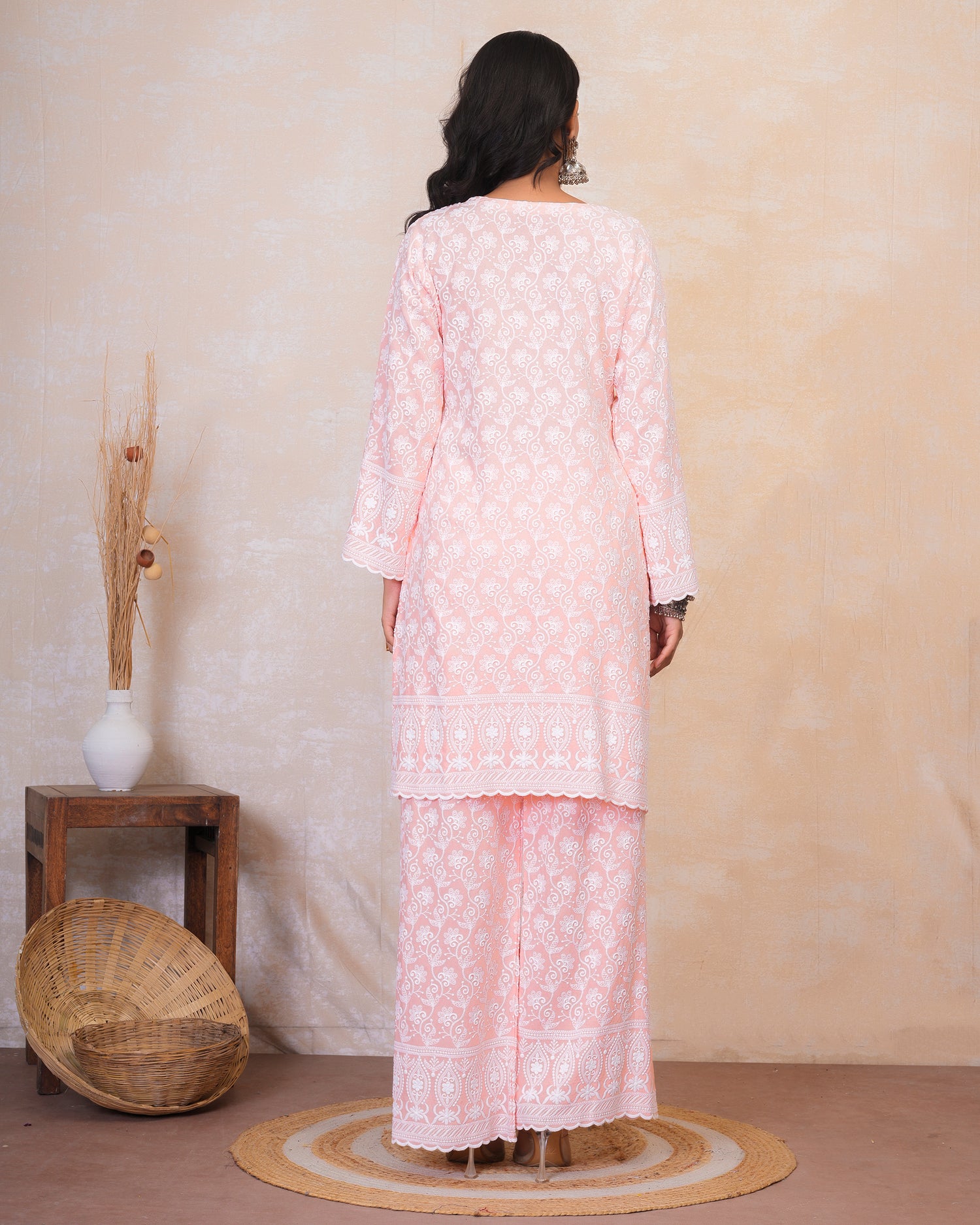 Chikankari Kurta Set in Rayon Cotton - Light Pink