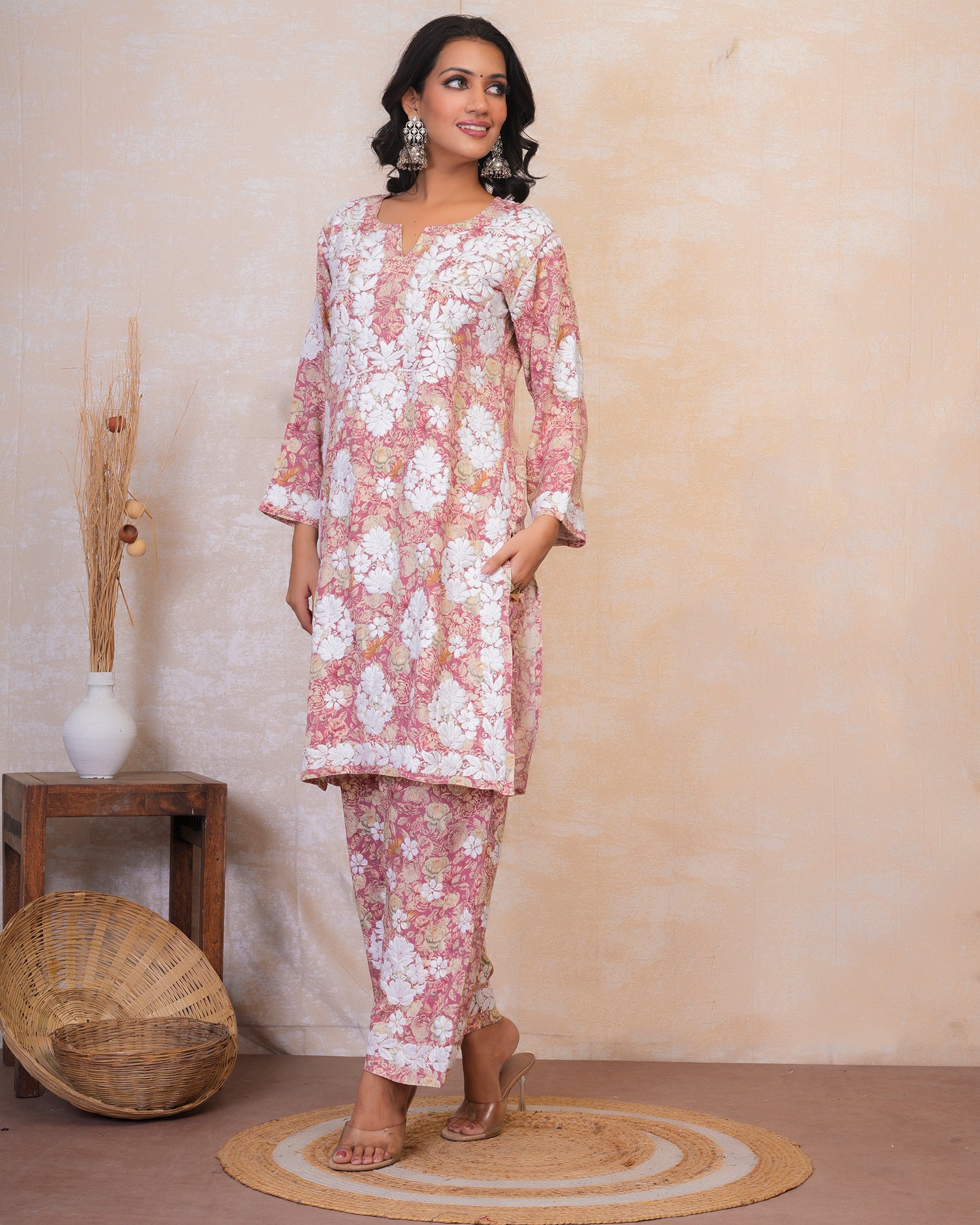 Chikankari Kurta Set in Rayon Cotton - Dusty Pink