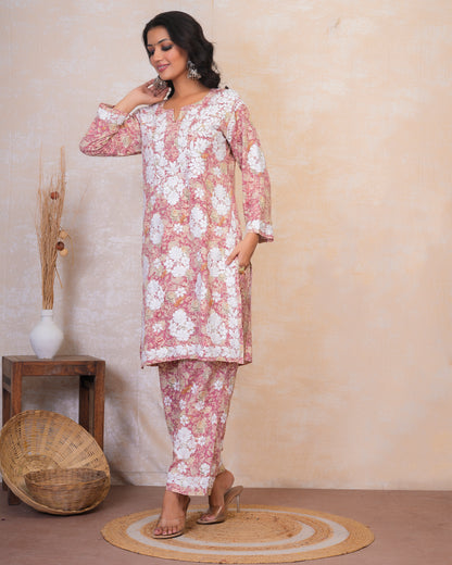 Chikankari Kurta Set in Rayon Cotton - Dusty Pink