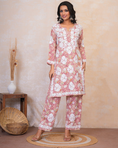 Chikankari Kurta Set in Rayon Cotton - Dusty Pink