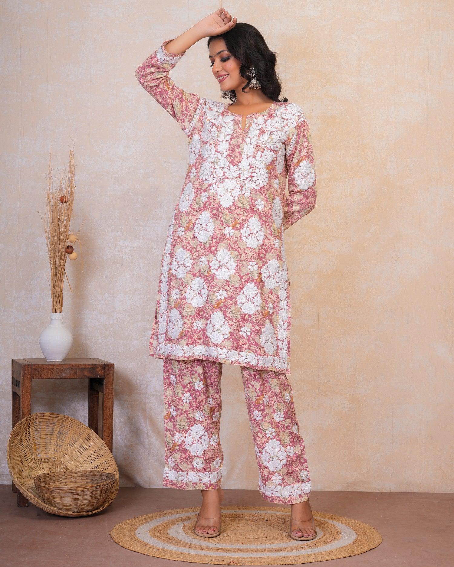 Chikankari Kurta Set in Rayon Cotton - Dusty Pink