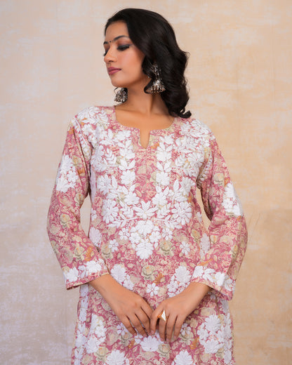 Chikankari Kurta Set in Rayon Cotton - Dusty Pink