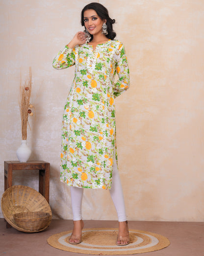 Chikankari Kurta in Mul cotton in Green Floral