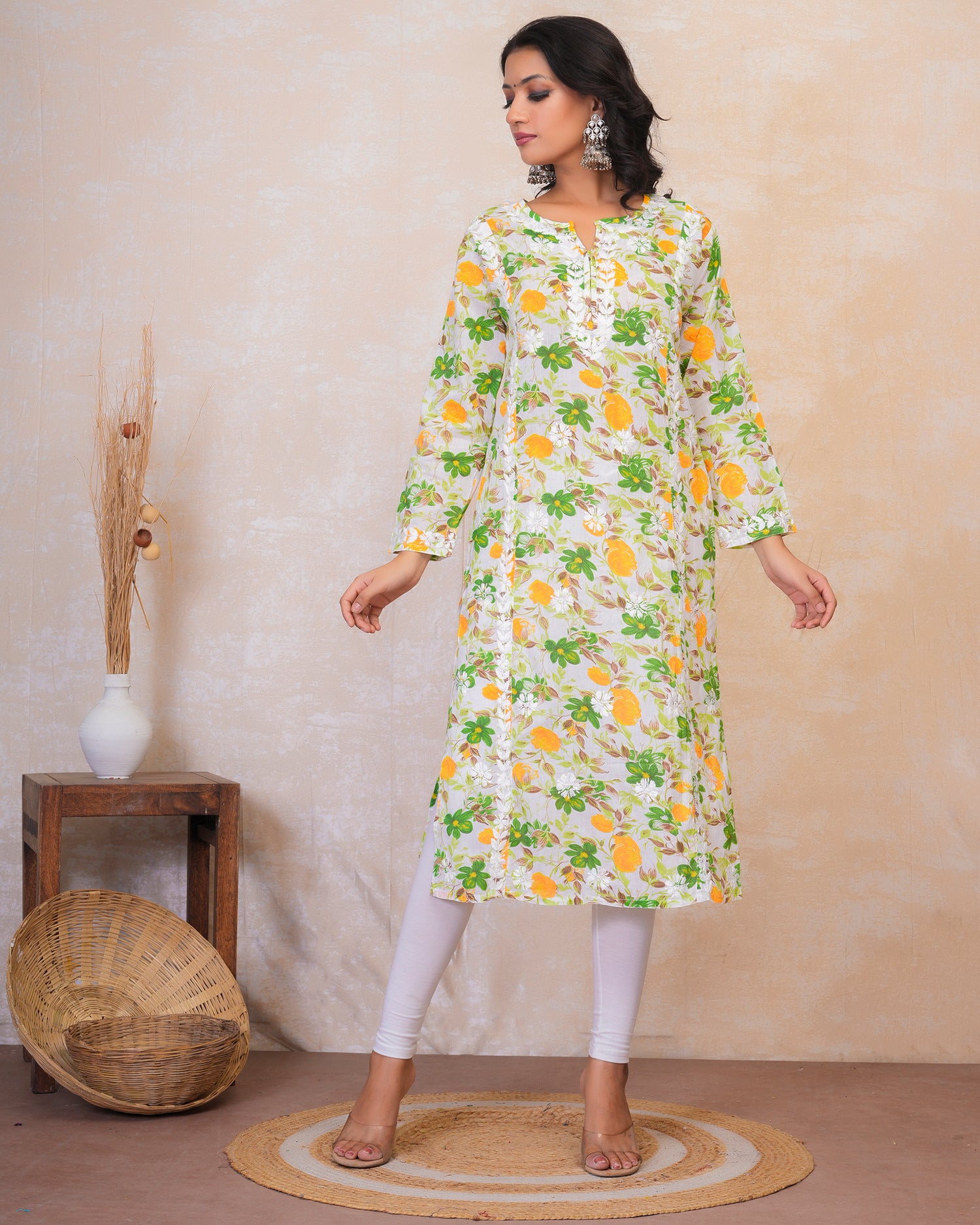 Chikankari Kurta in Mul cotton in Green Floral