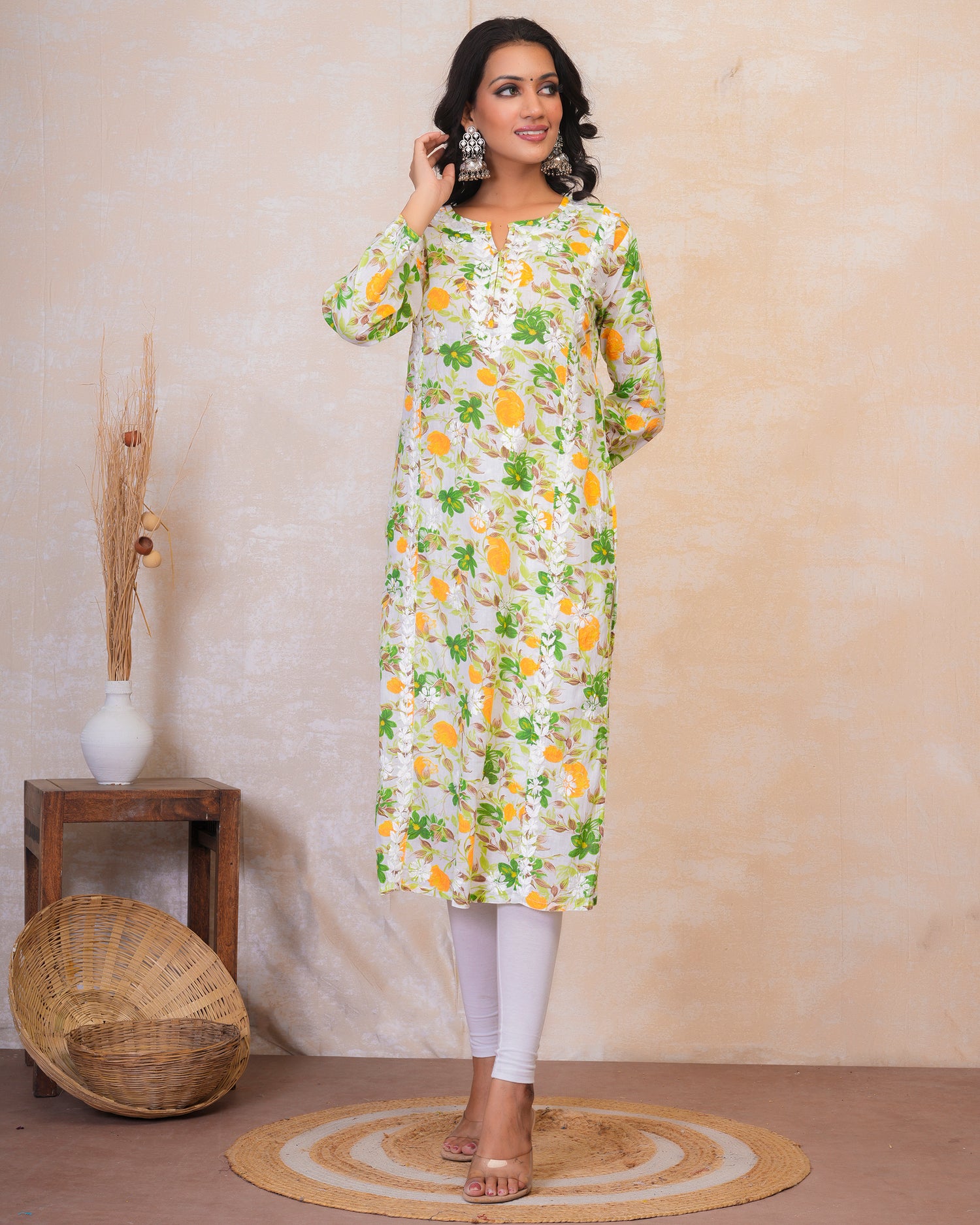 Chikankari Kurta in Mul cotton in Green Floral