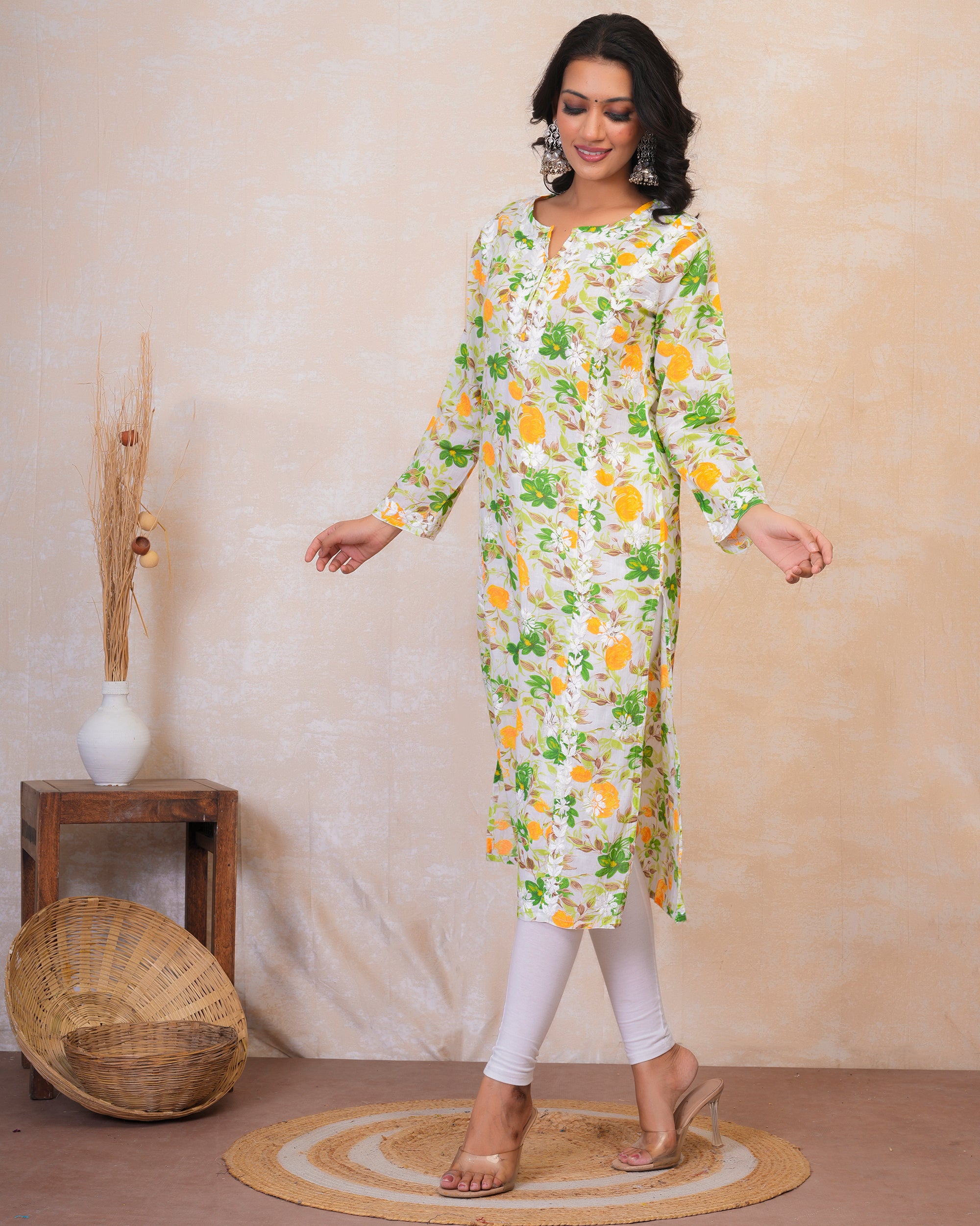 Chikankari Kurta in Mul cotton in Green Floral