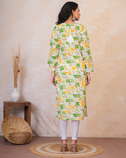 Chikankari Kurta in Mul cotton in Green Floral