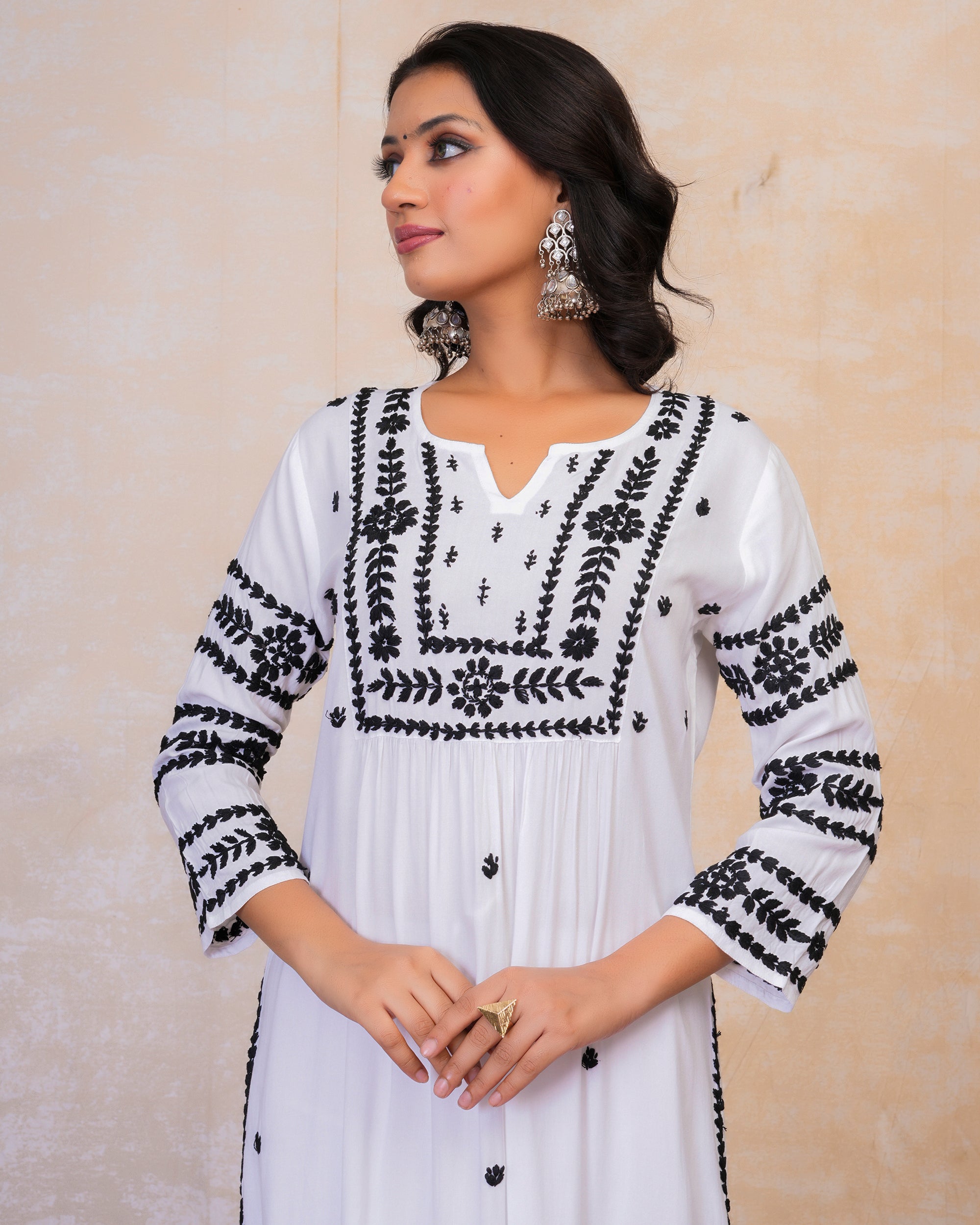 Chikankari Long Kurta in Rayon Cotton for Women- White With Black