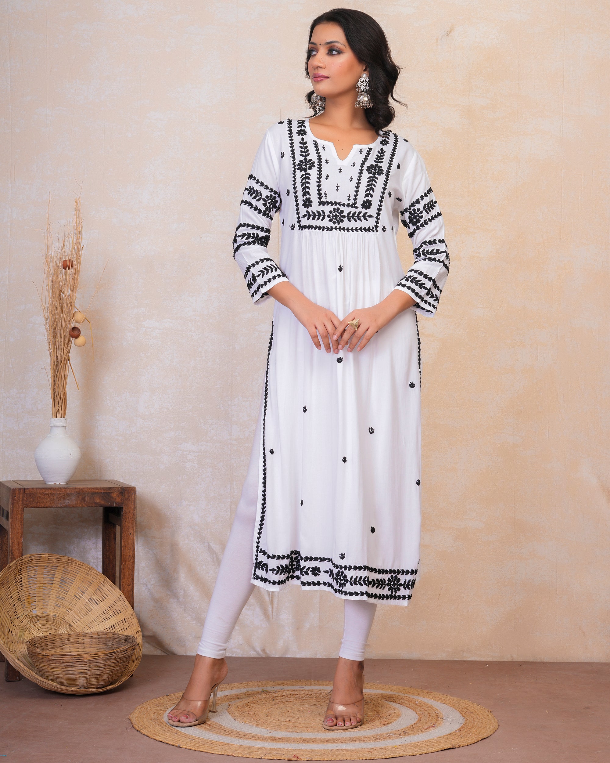 Chikankari Long Kurta in Rayon Cotton for Women- White With Black