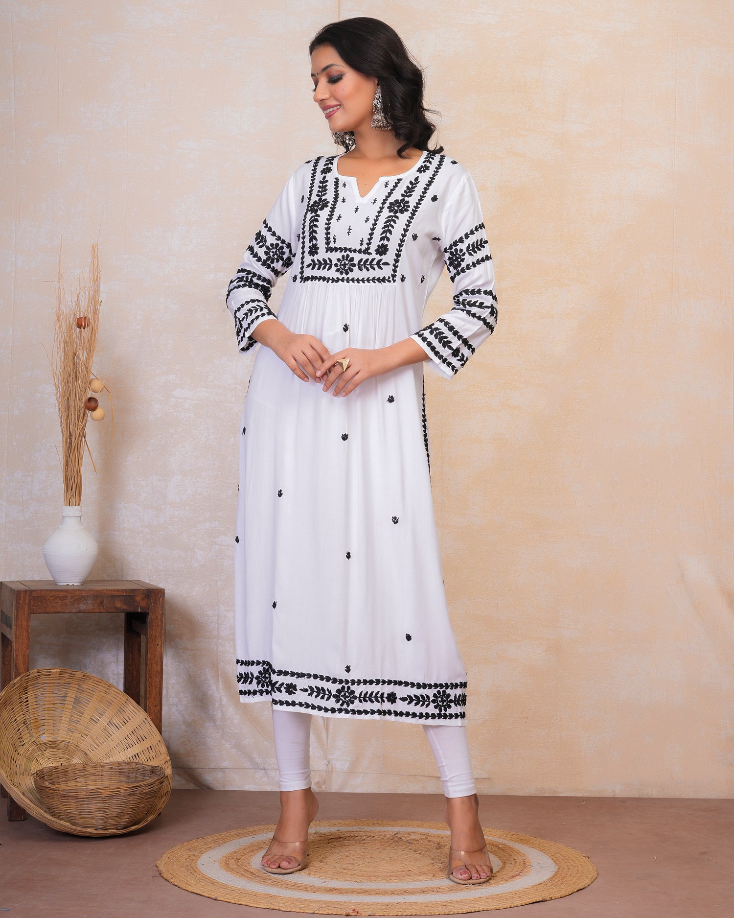 Chikankari Long Kurta in Rayon Cotton for Women- White With Black