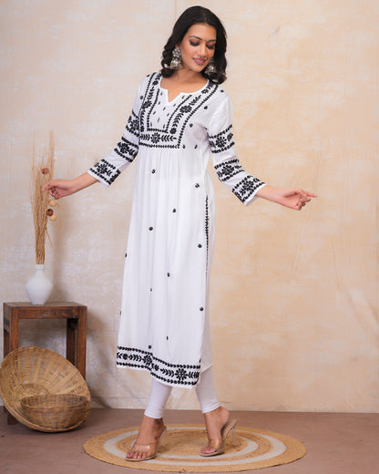 Chikankari Long Kurta in Rayon Cotton for Women- White With Black