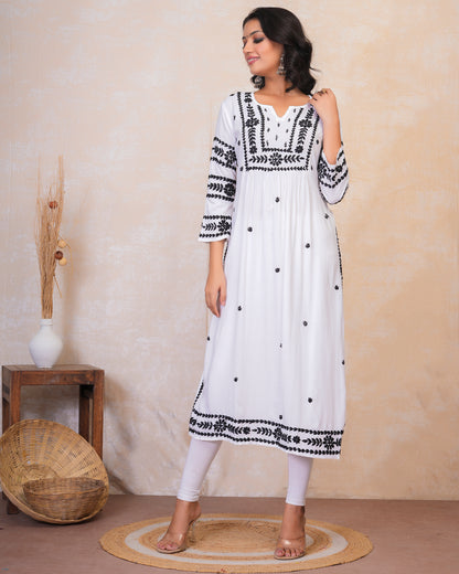 Chikankari Long Kurta in Rayon Cotton for Women- White With Black