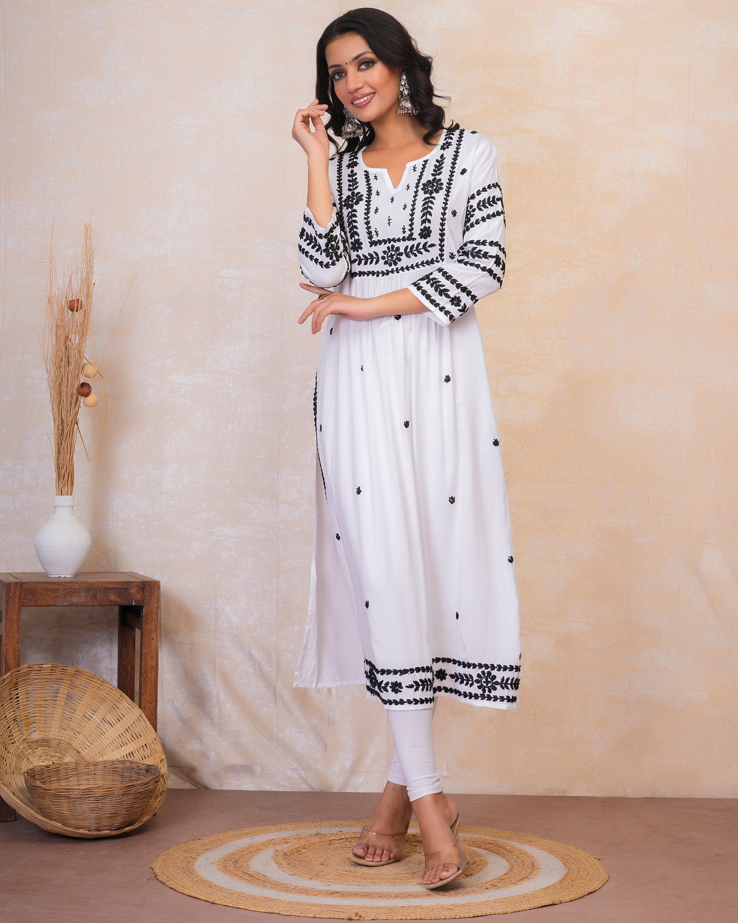 Chikankari Long Kurta in Rayon Cotton for Women- White With Black