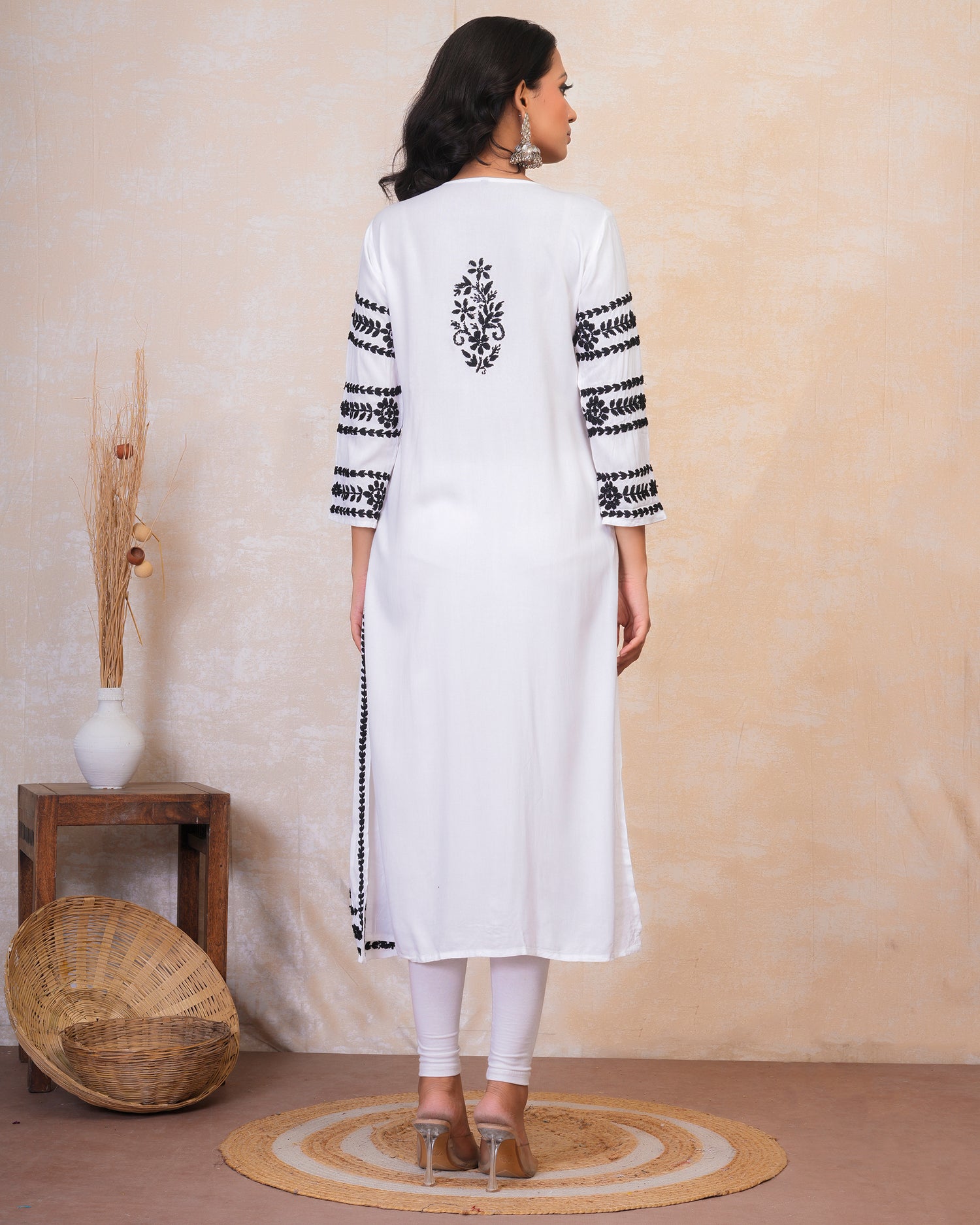 Chikankari Long Kurta in Rayon Cotton for Women- White With Black