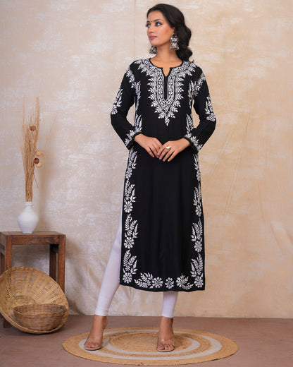 Chikankari Long Kurta in Rayon Cotton for Women- Black