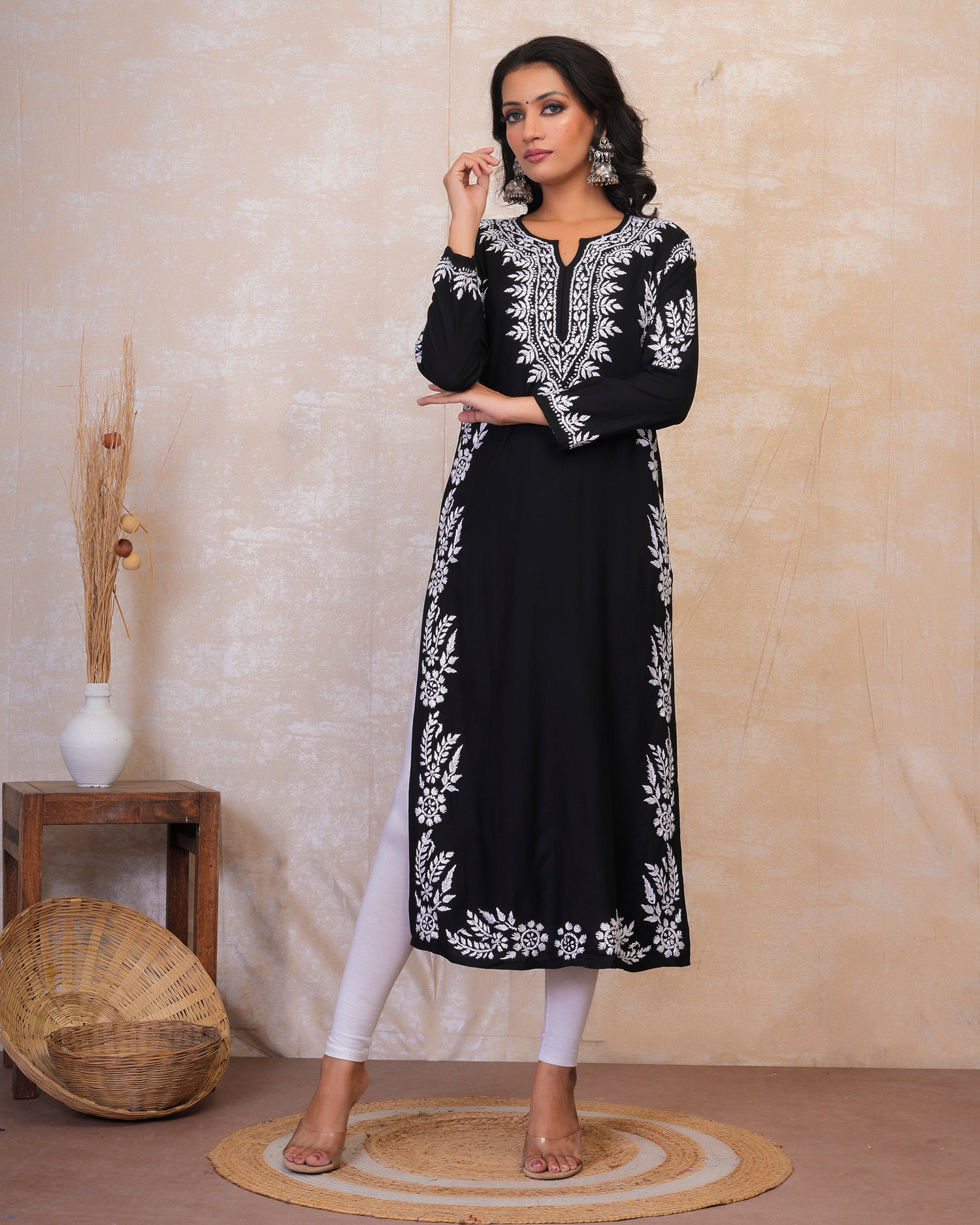 Chikankari Long Kurta in Rayon Cotton for Women- Black