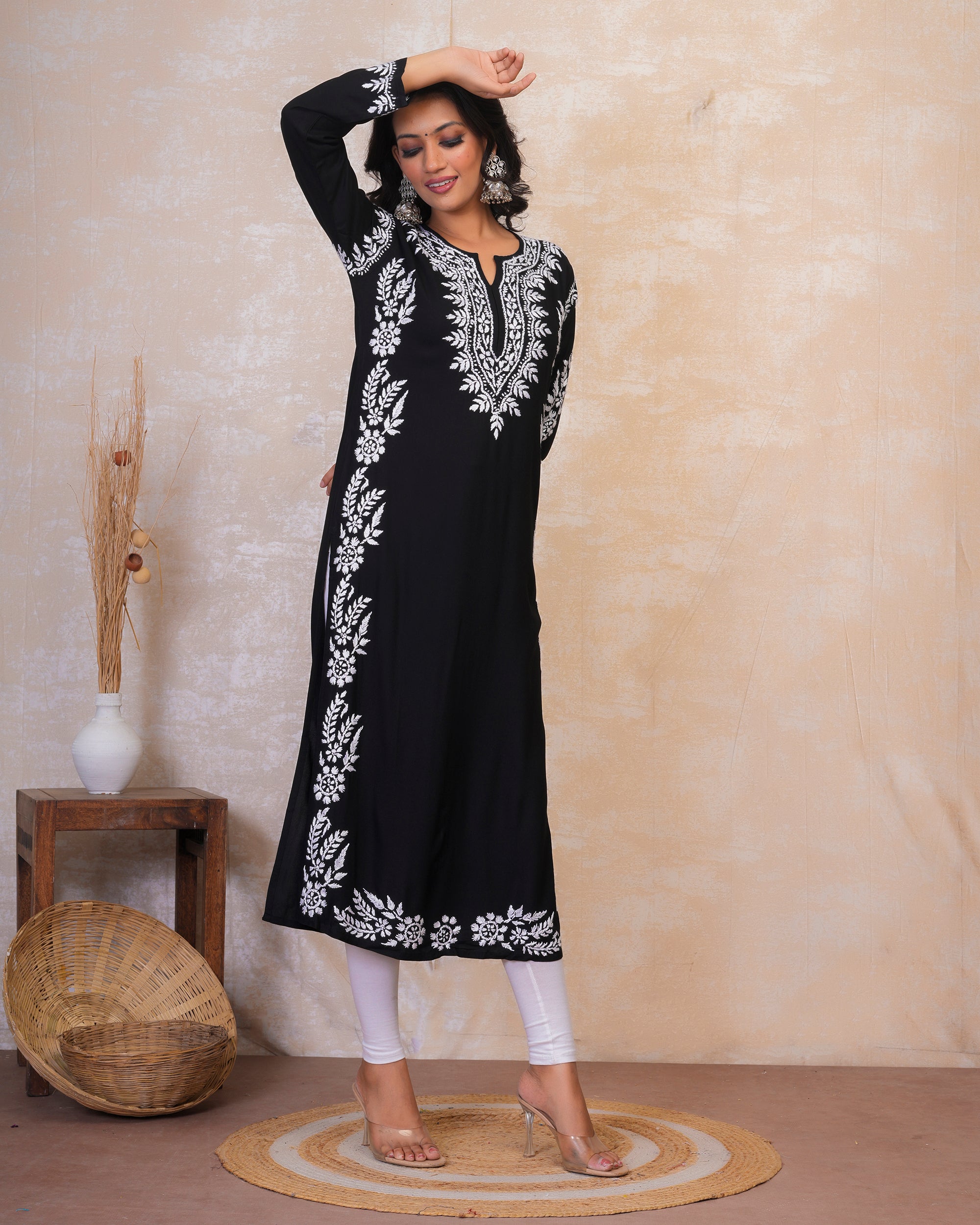 Chikankari Long Kurta in Rayon Cotton for Women- Black