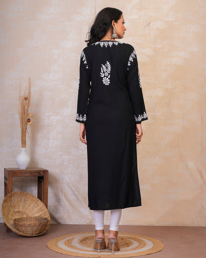 Chikankari Long Kurta in Rayon Cotton for Women- Black