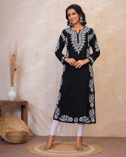 Chikankari Long Kurta in Rayon Cotton for Women- Black