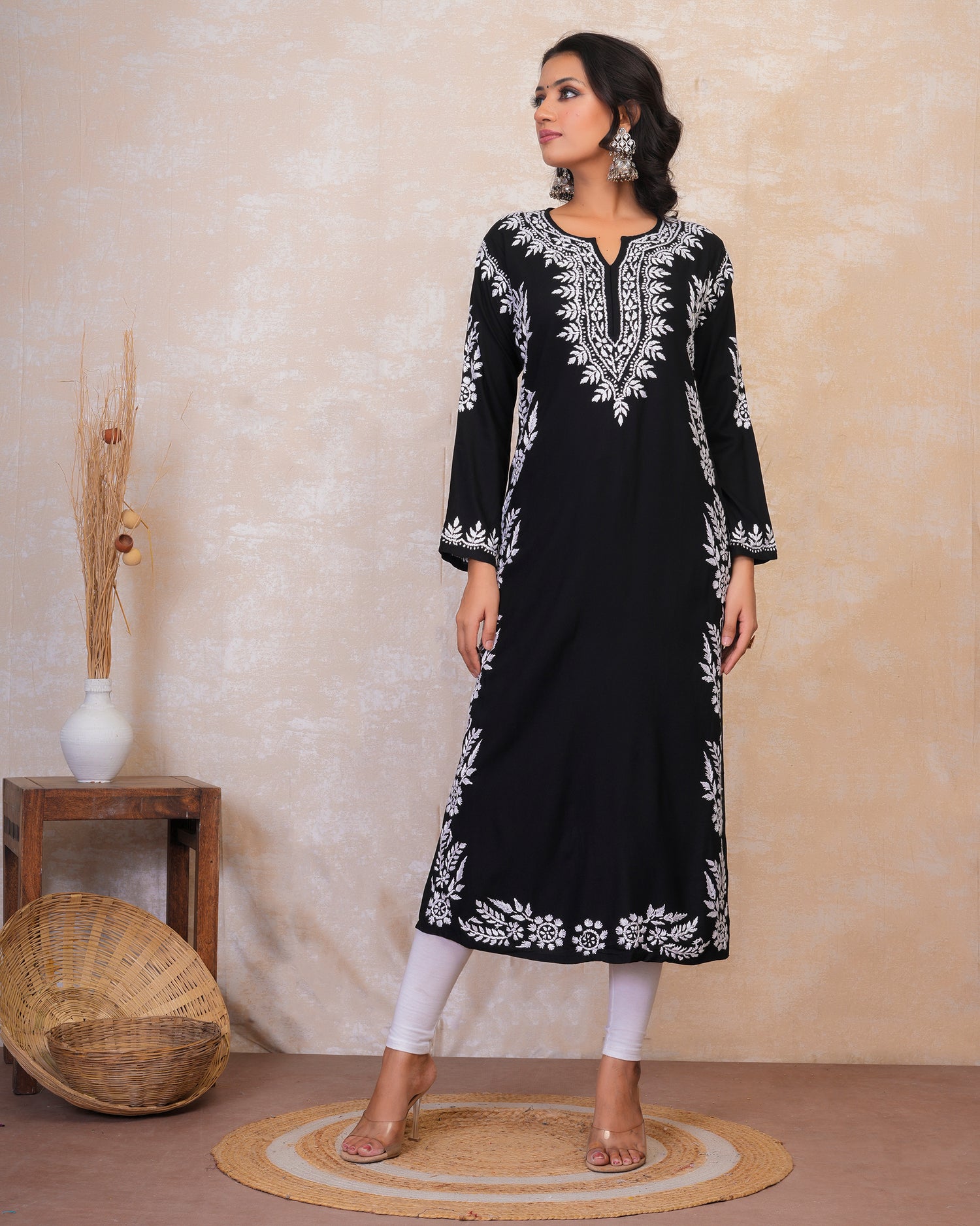 Chikankari Long Kurta in Rayon Cotton for Women- Black