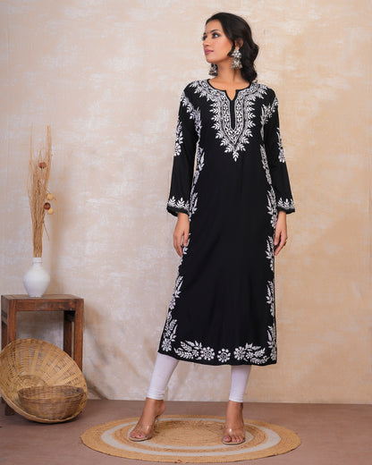 Chikankari Long Kurta in Rayon Cotton for Women- Black