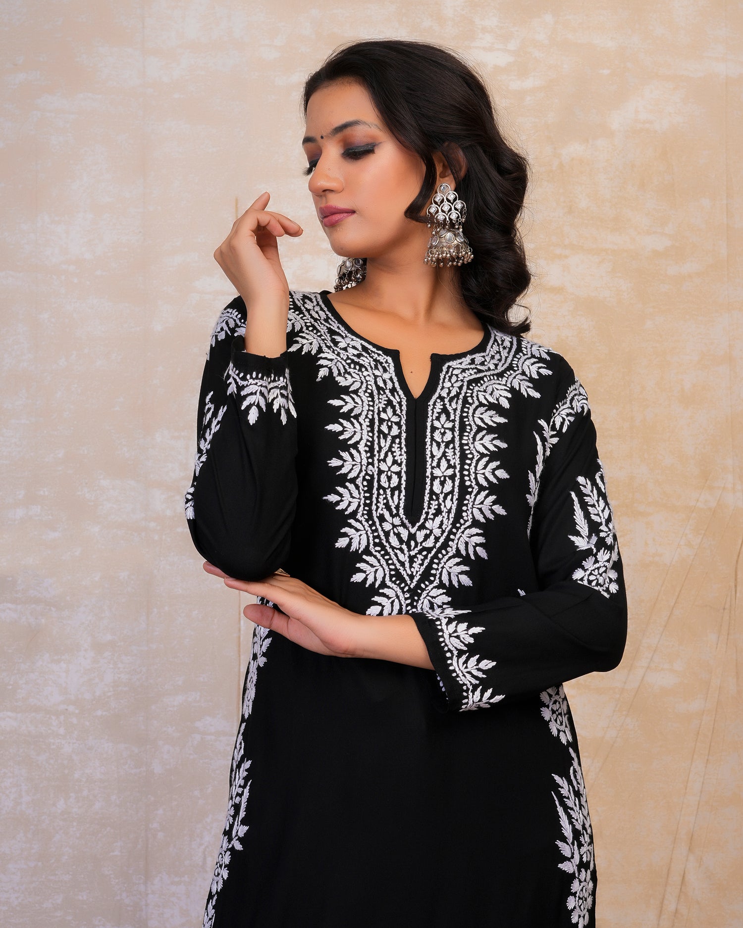 Chikankari Long Kurta in Rayon Cotton for Women- Black