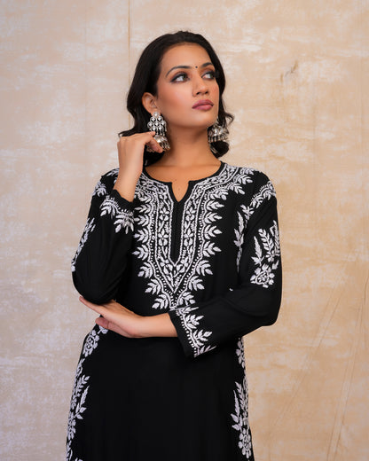 Chikankari Long Kurta in Rayon Cotton for Women- Black