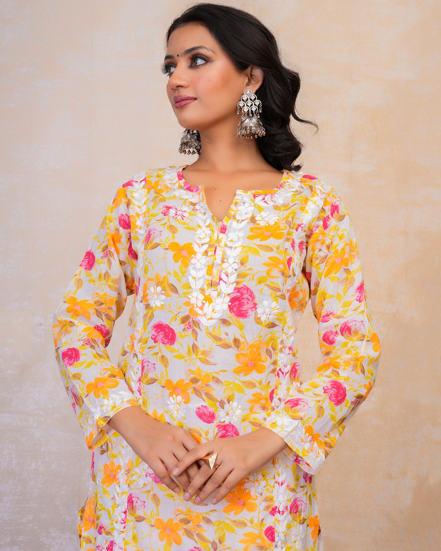 Chikankari Kurta in Mul cotton in Yellow Floral