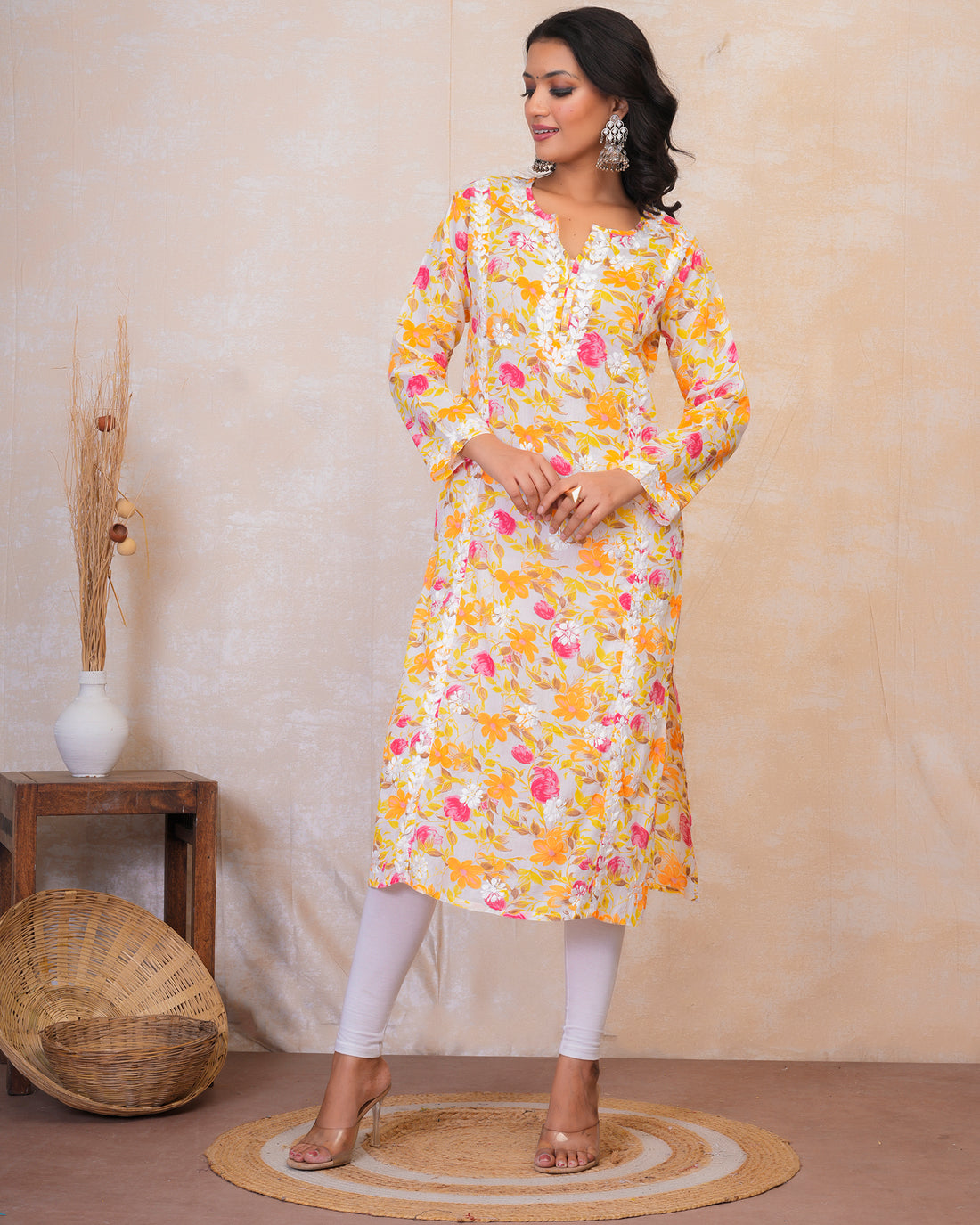 Chikankari Kurta in Mul cotton in Yellow Floral