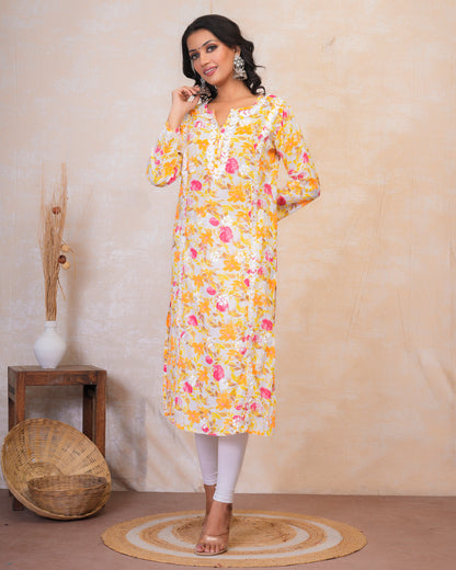 Chikankari Kurta in Mul cotton in Yellow Floral