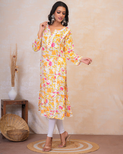 Chikankari Kurta in Mul cotton in Yellow Floral