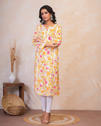 Chikankari Kurta in Mul cotton in Yellow Floral