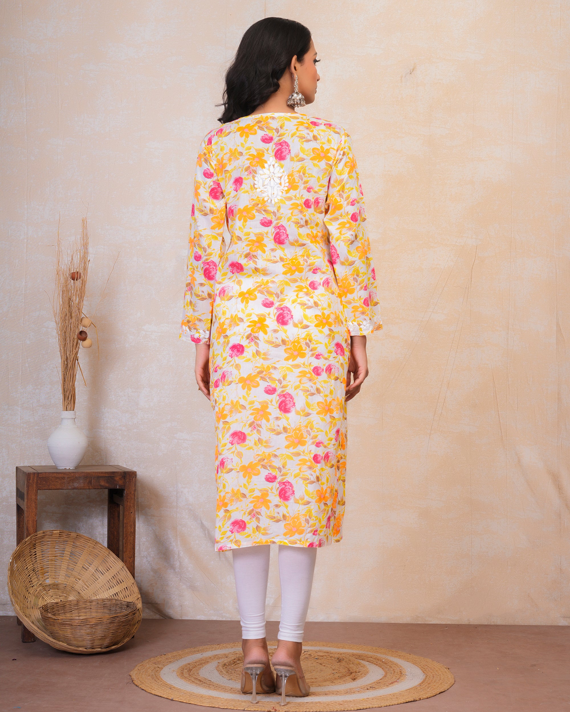 Chikankari Kurta in Mul cotton in Yellow Floral