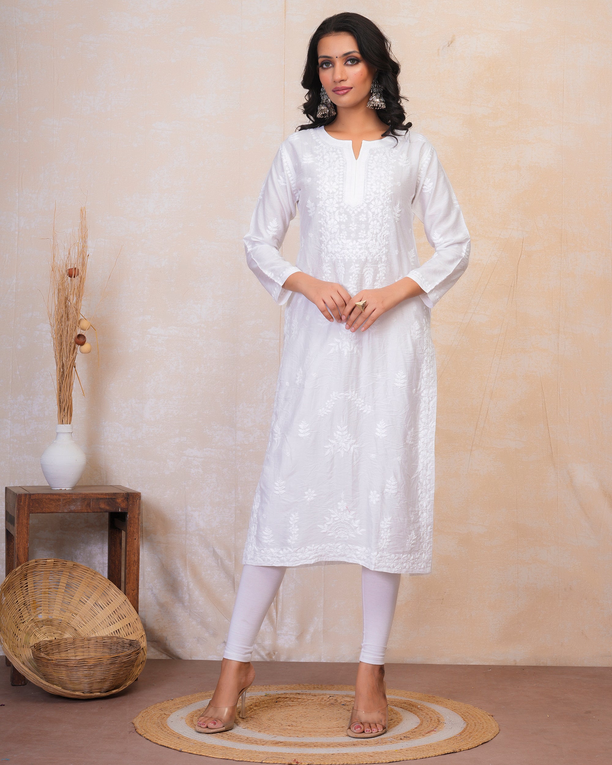 Hand Embroidery Chikankari Long Kurti for Women In Chanderi Silk White