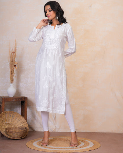 Hand Embroidery Chikankari Long Kurti for Women In Chanderi Silk White