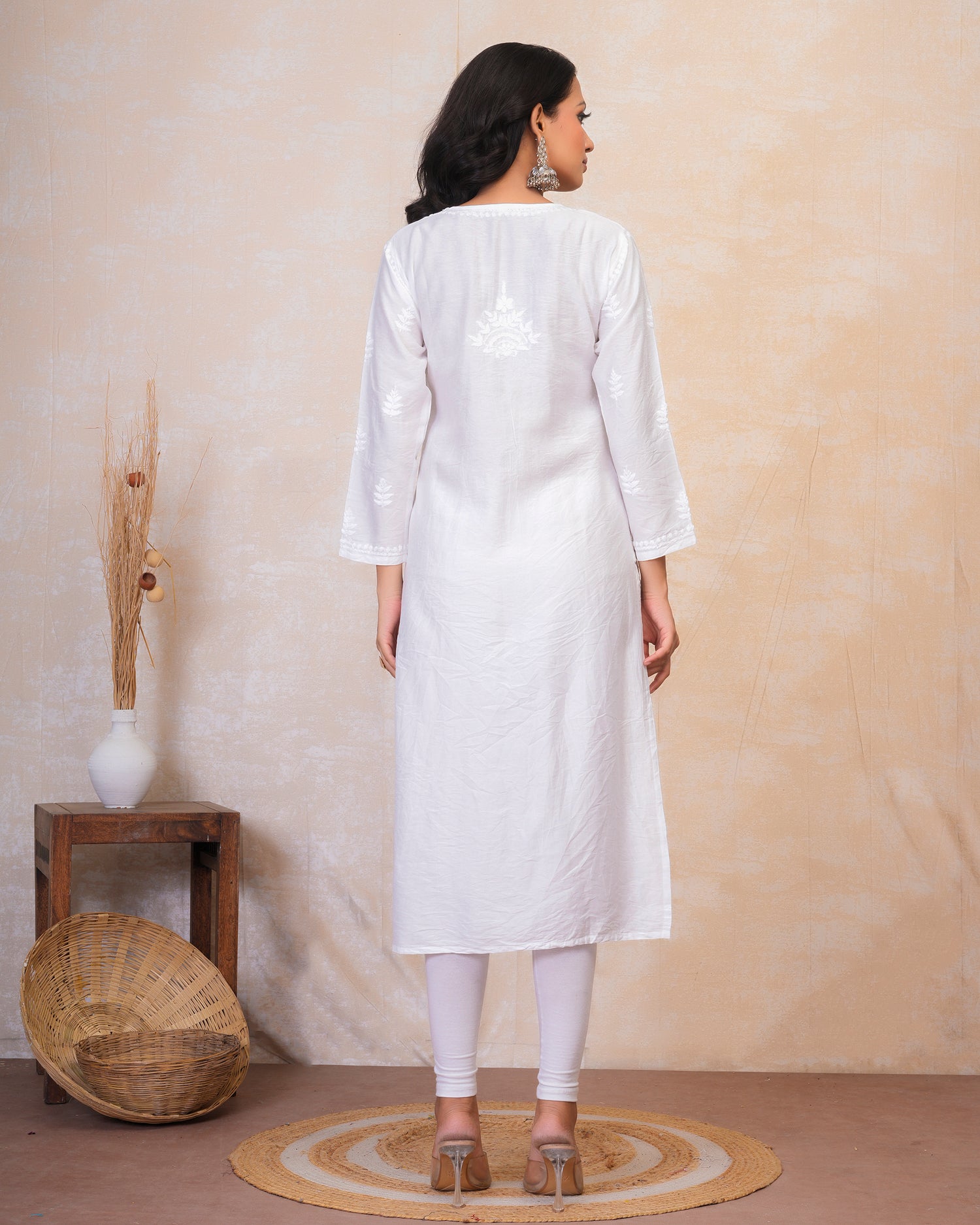 Hand Embroidery Chikankari Long Kurti for Women In Chanderi Silk White