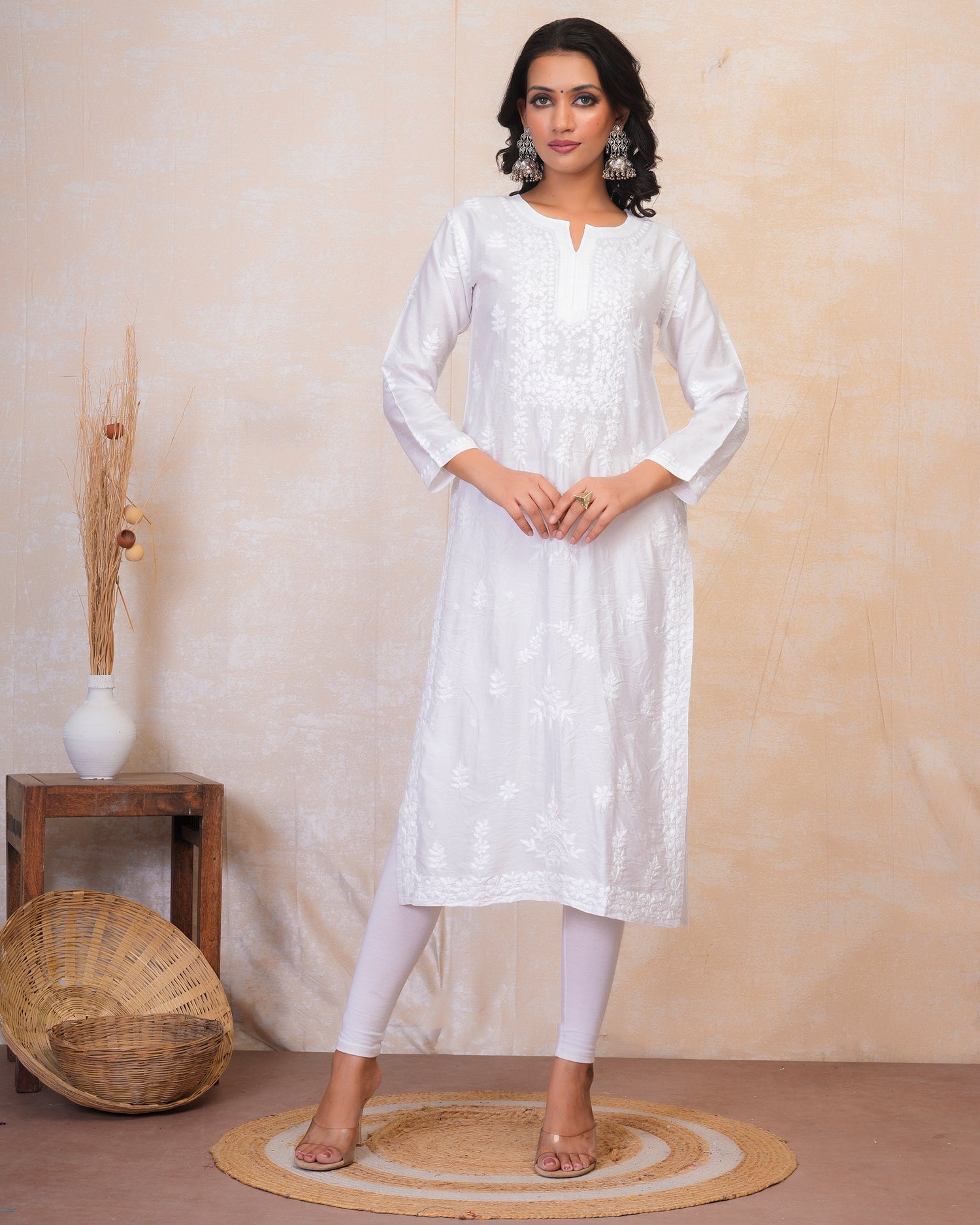 Hand Embroidery Chikankari Long Kurti for Women In Chanderi Silk White