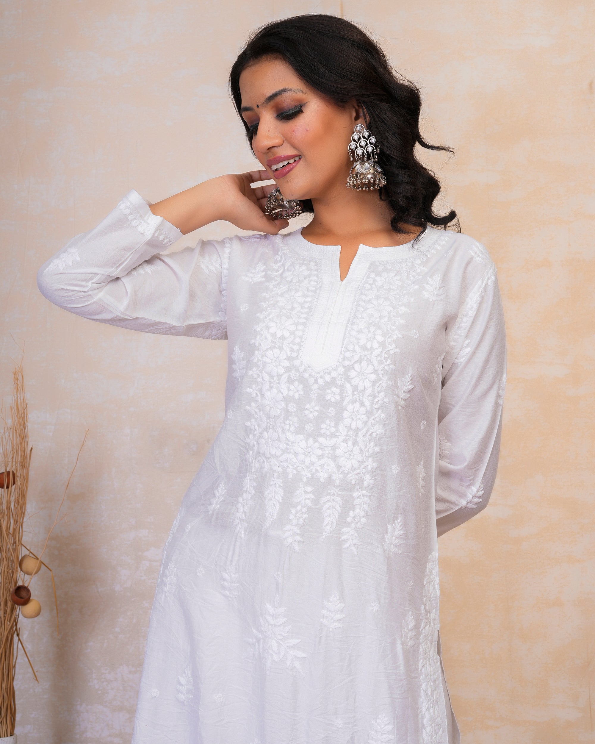 Hand Embroidery Chikankari Long Kurti for Women In Chanderi Silk White