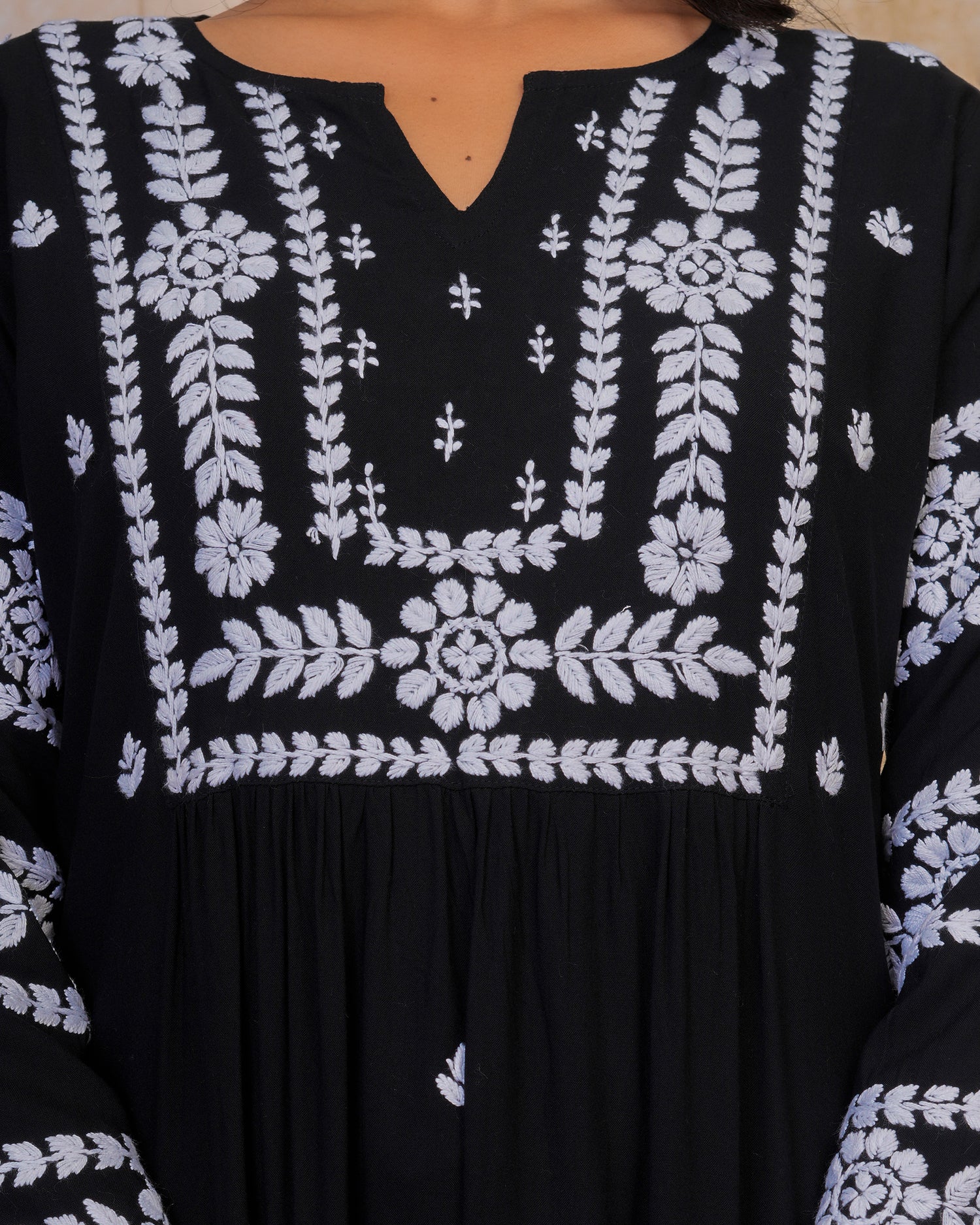 chikankari Long Kurta in Rayon Cotton for Women - Black