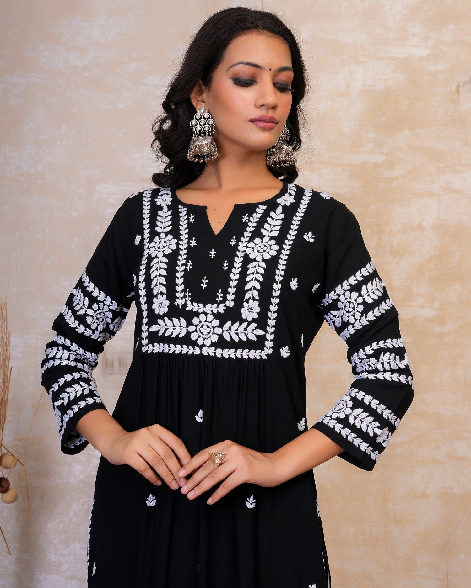 chikankari Long Kurta in Rayon Cotton for Women - Black