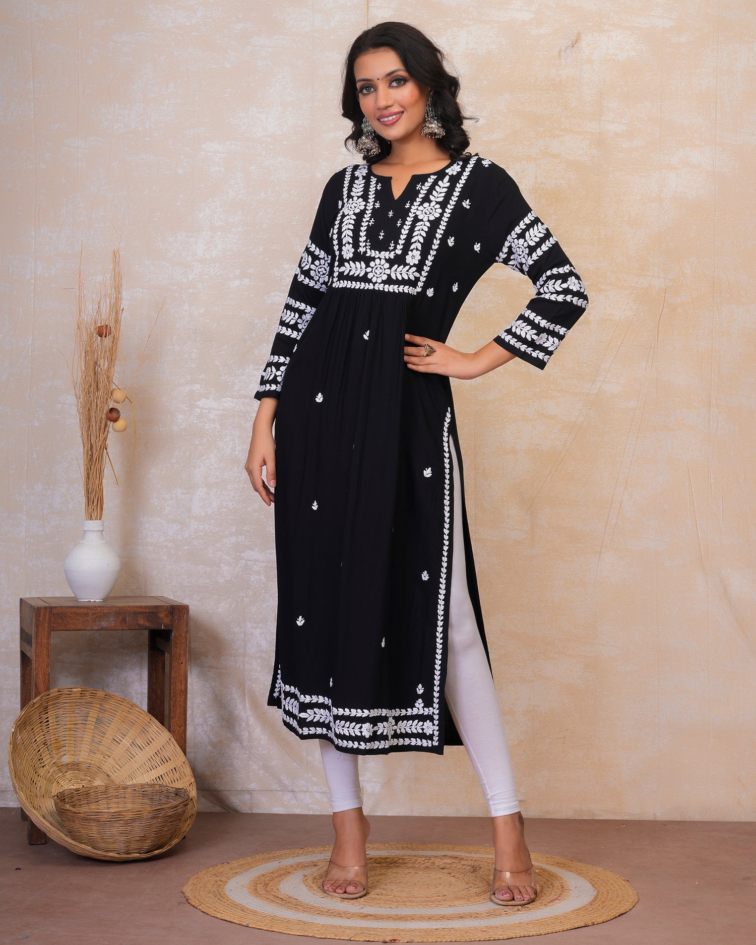 chikankari Long Kurta in Rayon Cotton for Women - Black