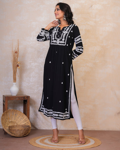 chikankari Long Kurta in Rayon Cotton for Women - Black