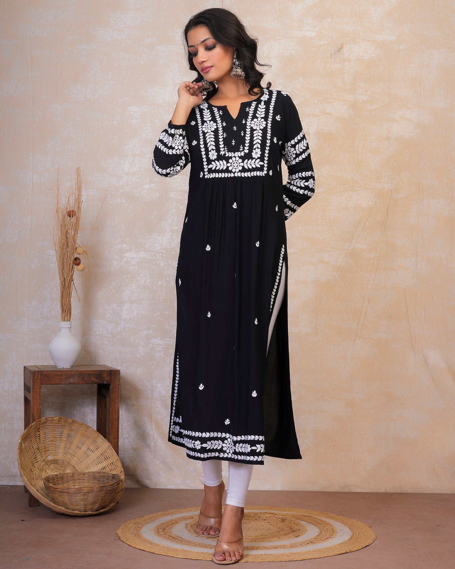 chikankari Long Kurta in Rayon Cotton for Women - Black