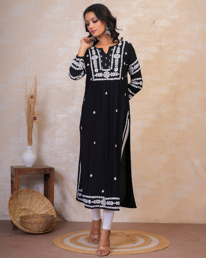 chikankari Long Kurta in Rayon Cotton for Women - Black